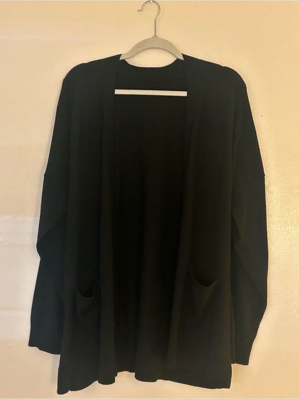 Black Open-Front Knit Cardigan with Pockets